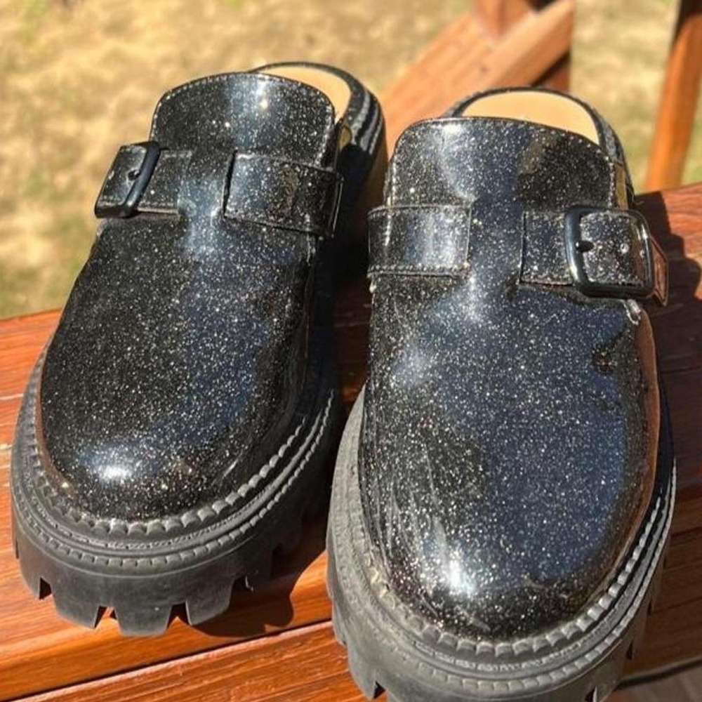 DV Dolce Vita Youth 1 Kobra Chunky Mule Clog Black Glittery Platform Loafer